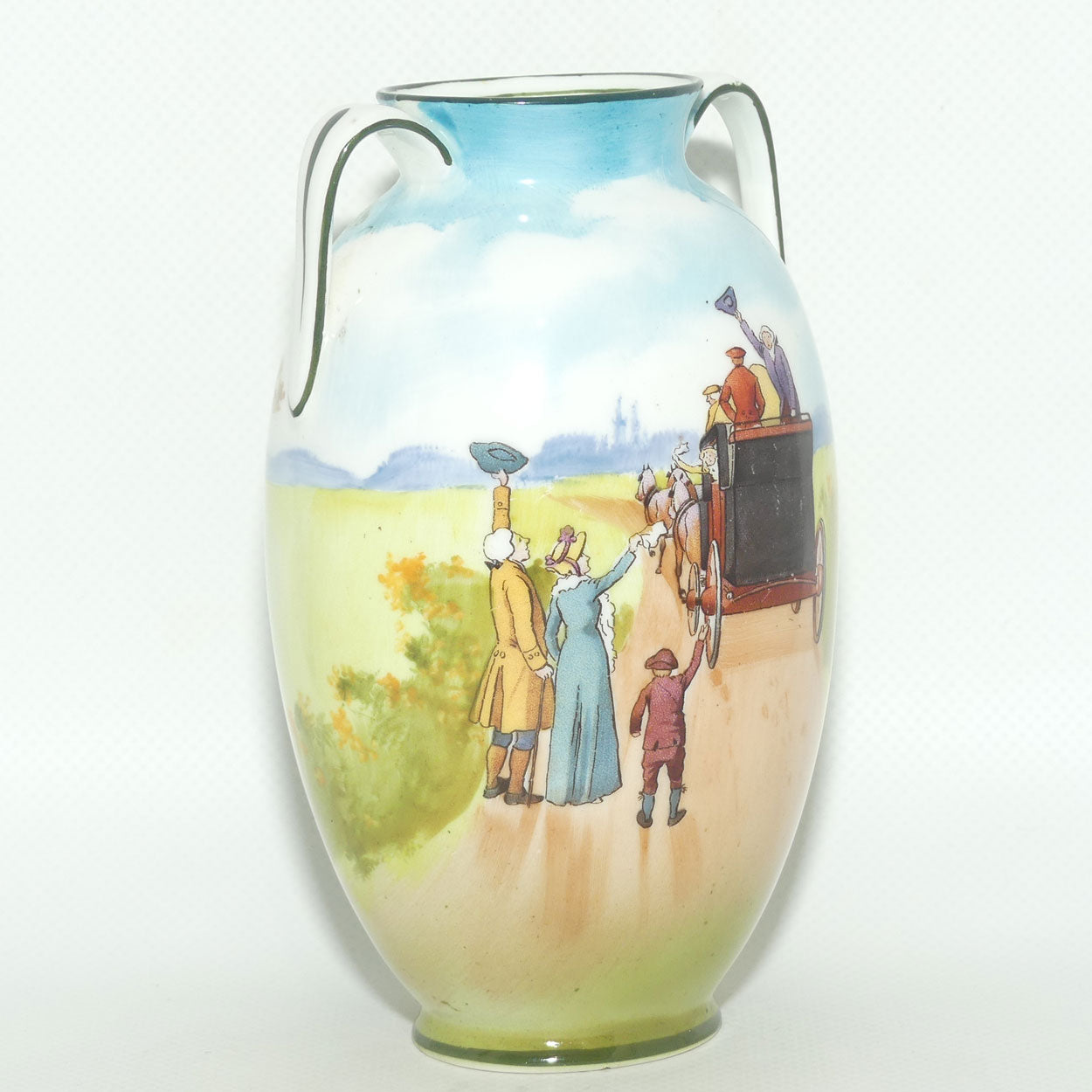 Royal Doulton Coaching Days twin handle vase E2768 | Family Waving | rare Blue Sky variation