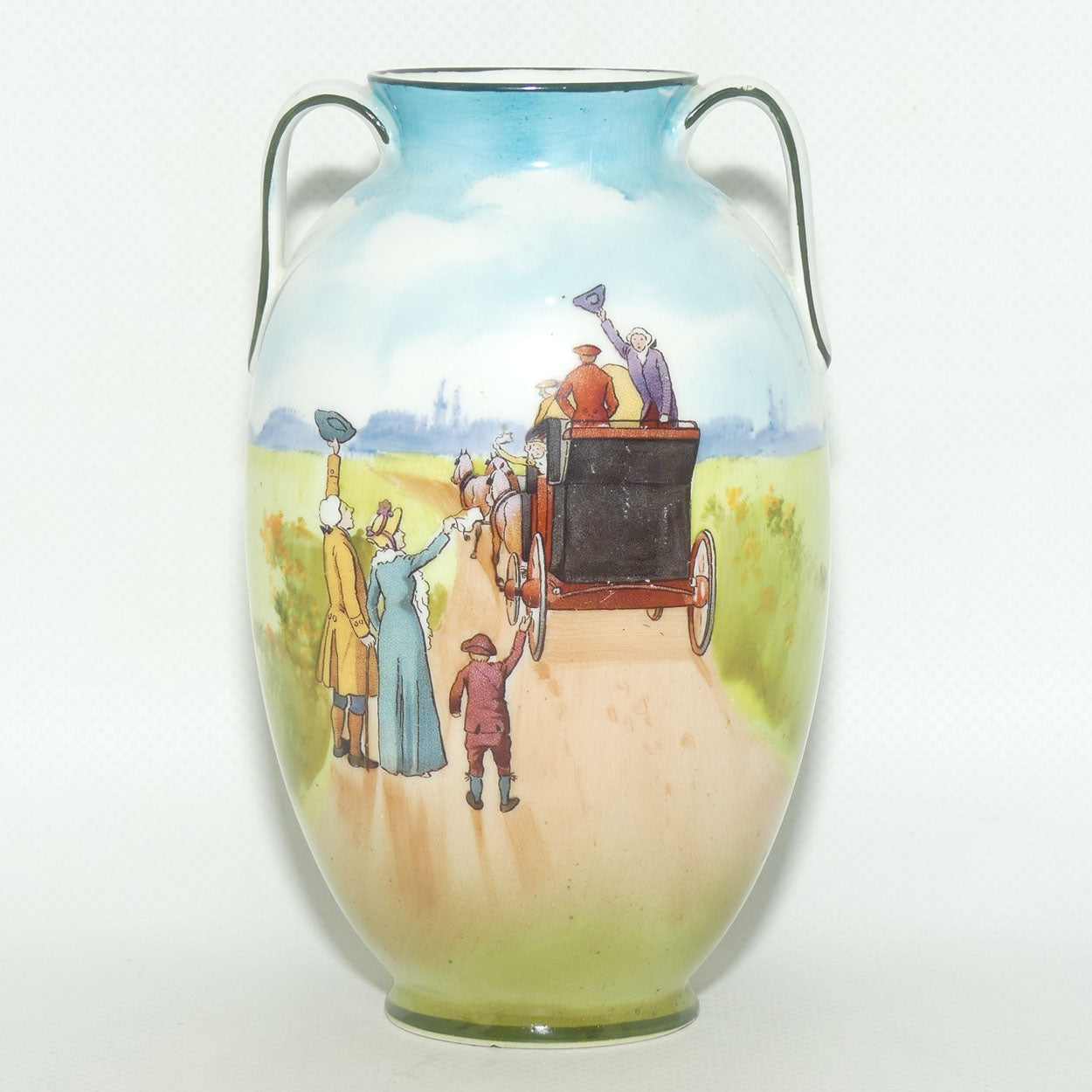Royal Doulton Coaching Days twin handle vase E2768 | Family Waving | rare Blue Sky variation