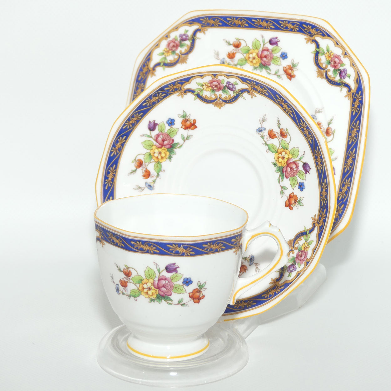 Tuscan Bone China fine tea trio | Blue Border and Floral pattern