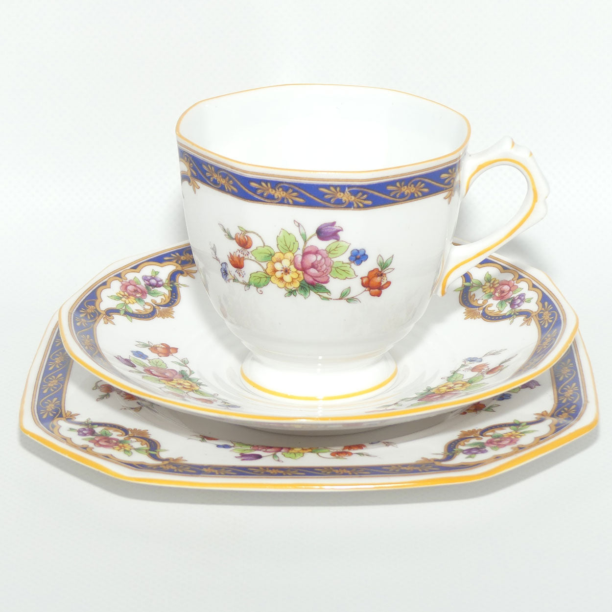 Tuscan Bone China fine tea trio | Blue Border and Floral pattern