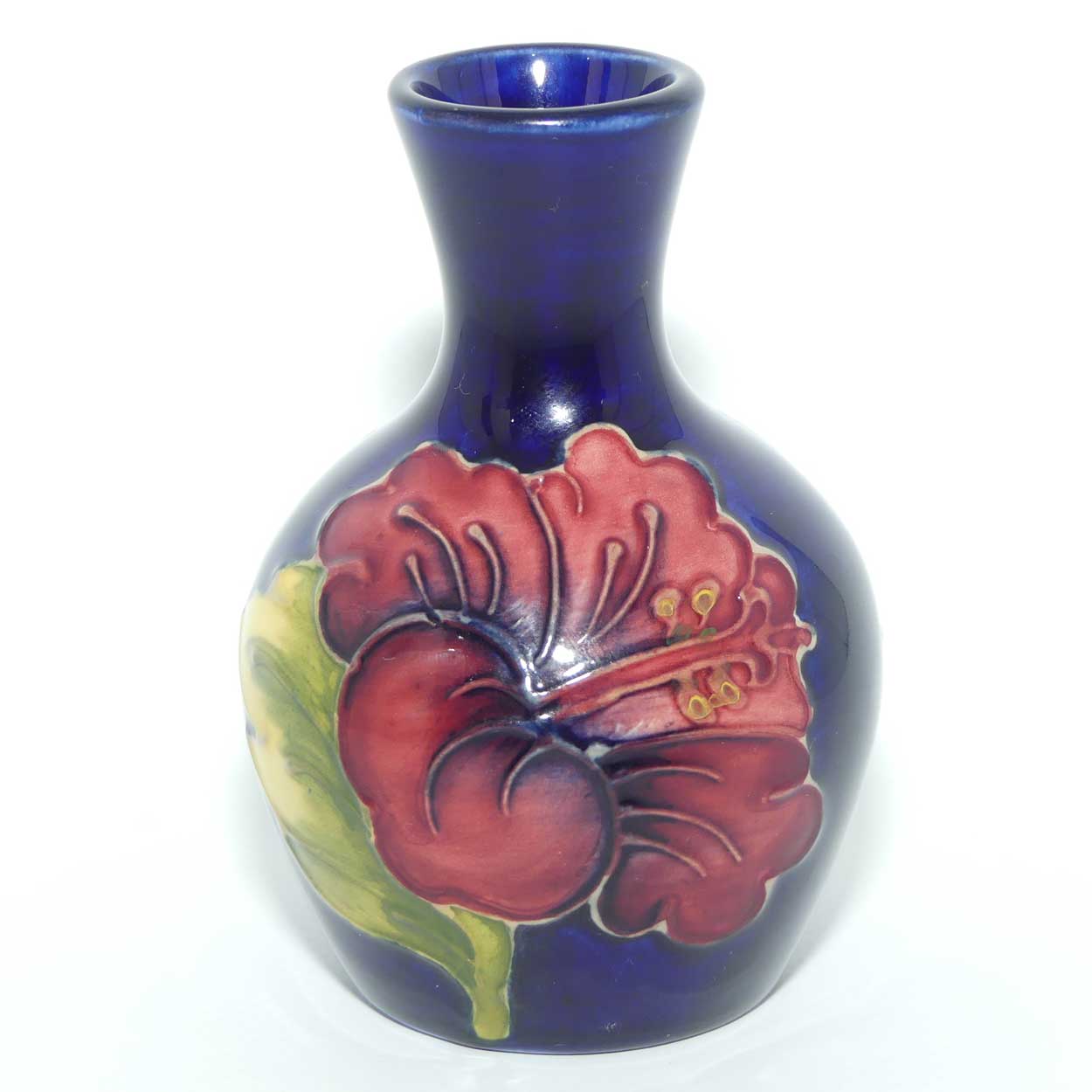 Walter Moorcroft Hibiscus on Blue Ground miniature bud vase