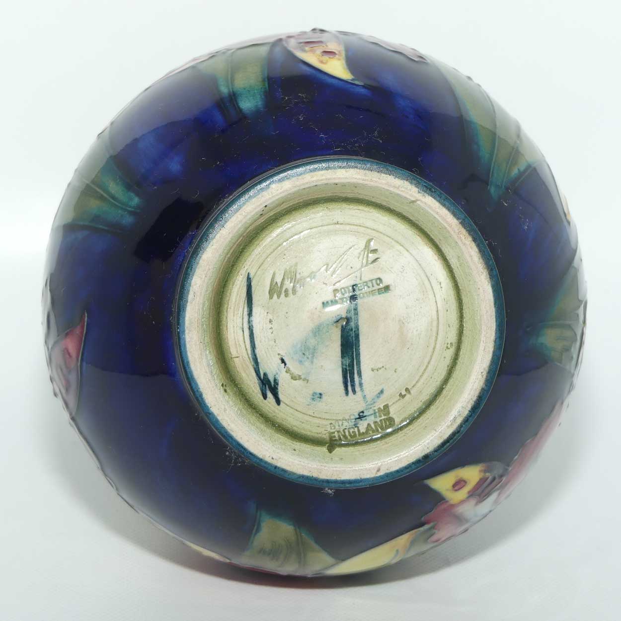 Walter Moorcroft Orchid on Dark Blue Ground bulbous vase