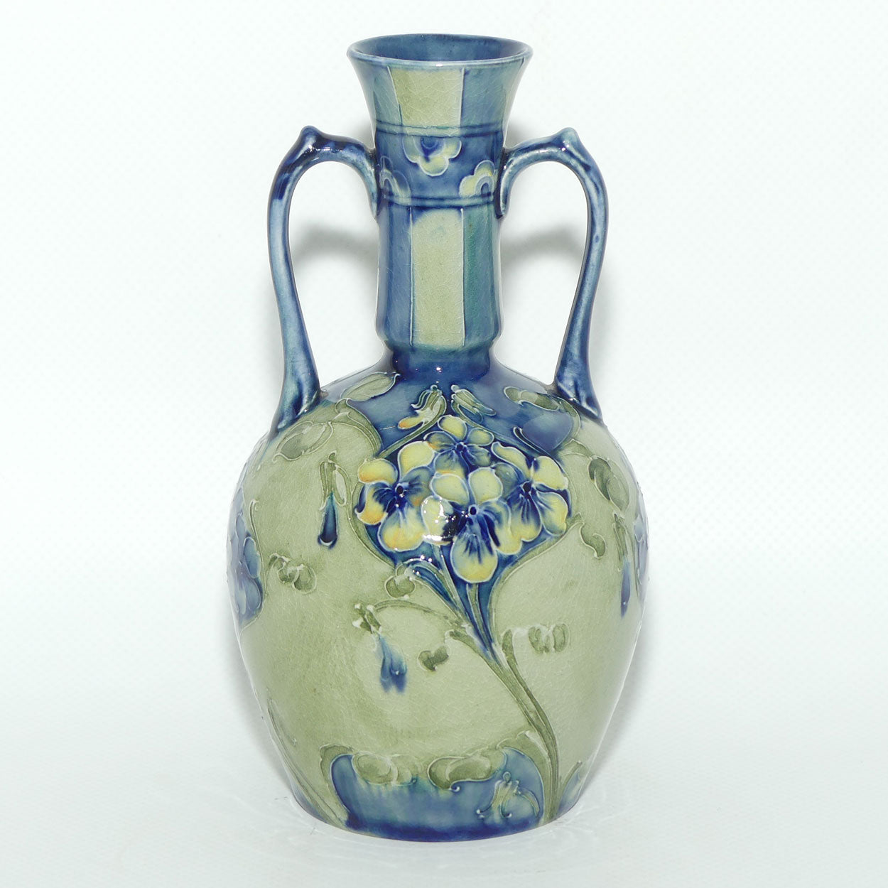William Moorcroft Florian Blue on Celadon twin handle vase | Made for Liberty & Co