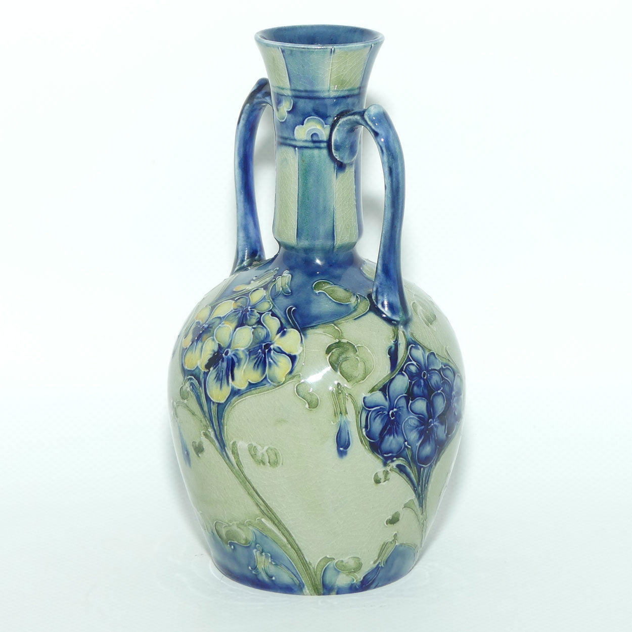 William Moorcroft Florian Blue on Celadon twin handle vase | Made for Liberty & Co