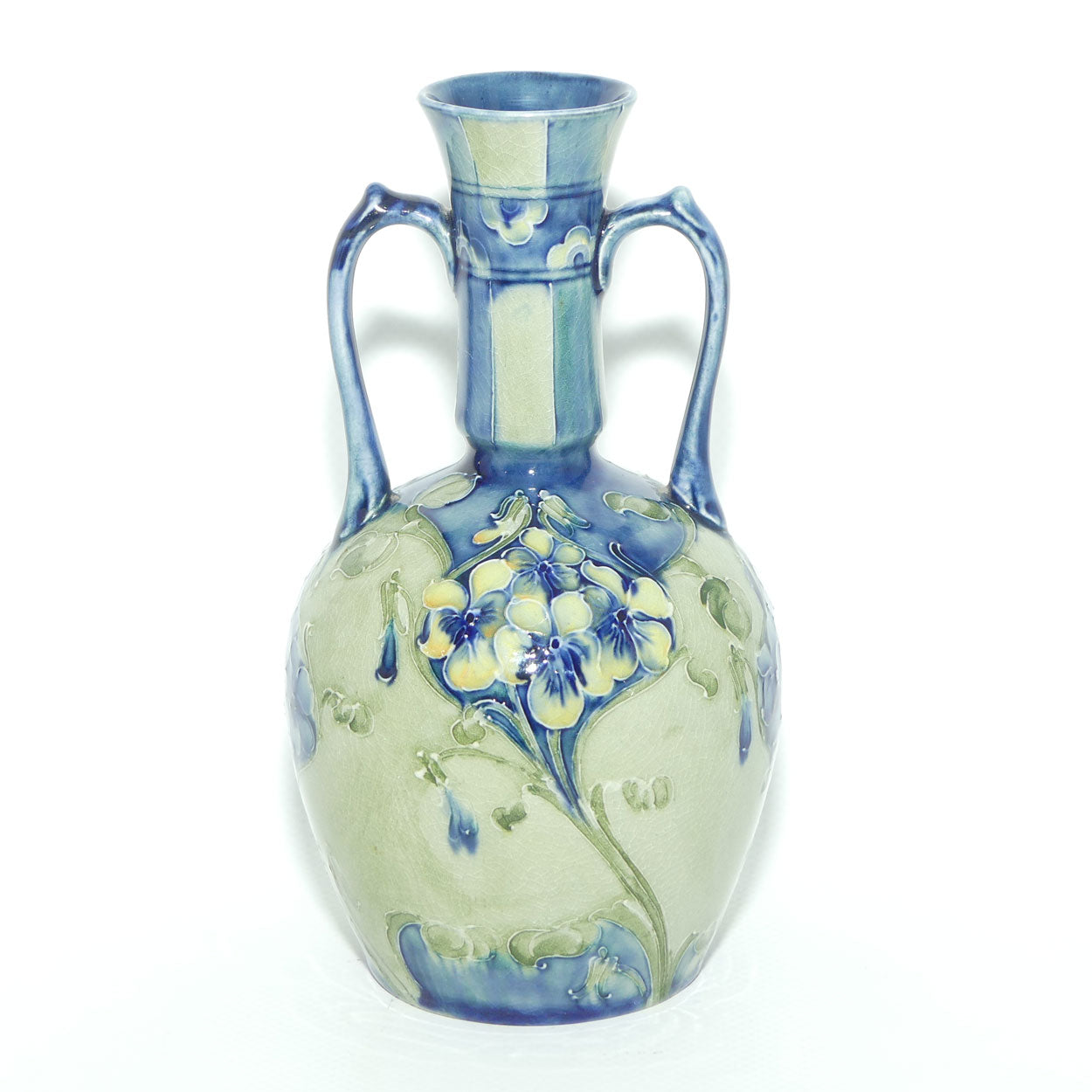 William Moorcroft Florian Blue on Celadon twin handle vase | Made for Liberty & Co