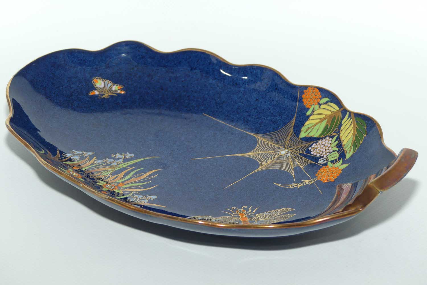 Carlton Ware Blue Spider Web gilt handle oval tray | 26cm