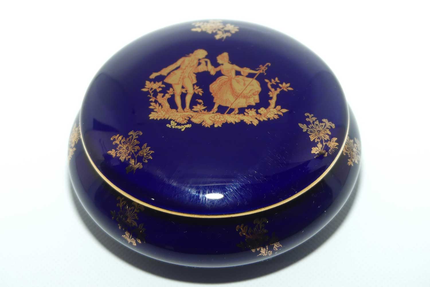 Porcelain Imperial Limoges France Blue and Gilt round trinket box | Traditional Courting Scene + Flowers