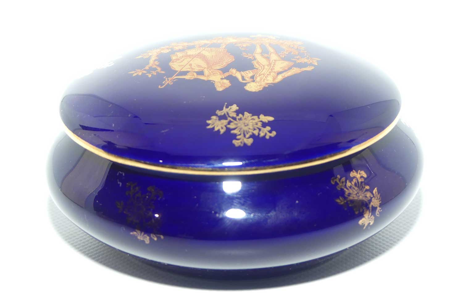 Porcelain Imperial Limoges France Blue and Gilt round trinket box | Traditional Courting Scene + Flowers