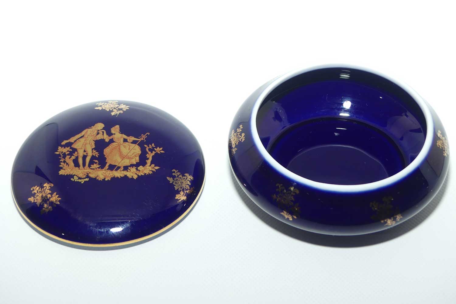 Porcelain Imperial Limoges France Blue and Gilt round trinket box | Traditional Courting Scene + Flowers