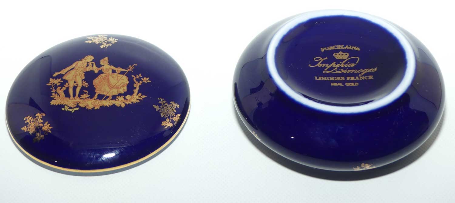 Porcelain Imperial Limoges France Blue and Gilt round trinket box | Traditional Courting Scene + Flowers