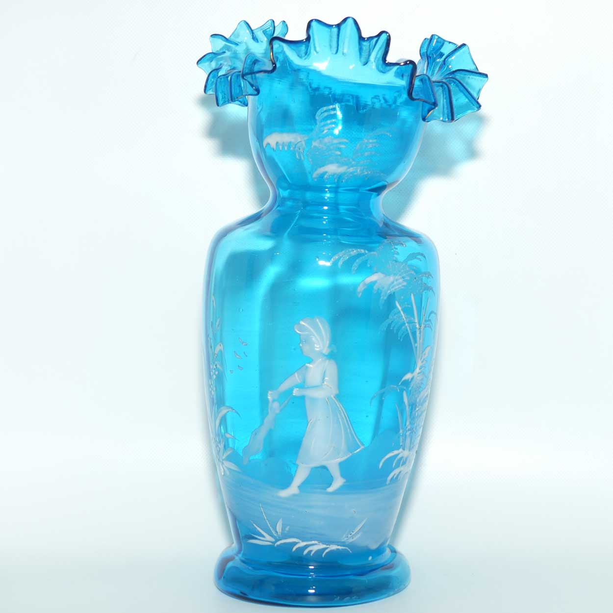 Ice Blue glass Frilled Top Mary Gregory vase depicting a Girl with rag doll | #2
