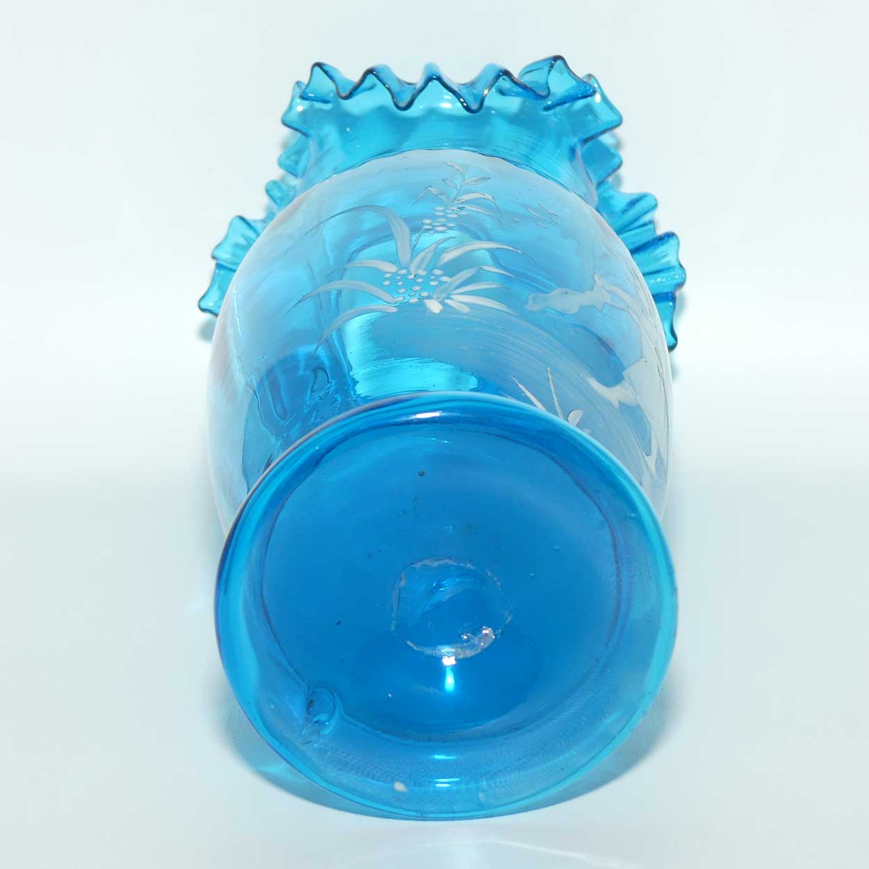 Ice Blue glass Frilled Top Mary Gregory vase depicting a Girl with rag doll | #2