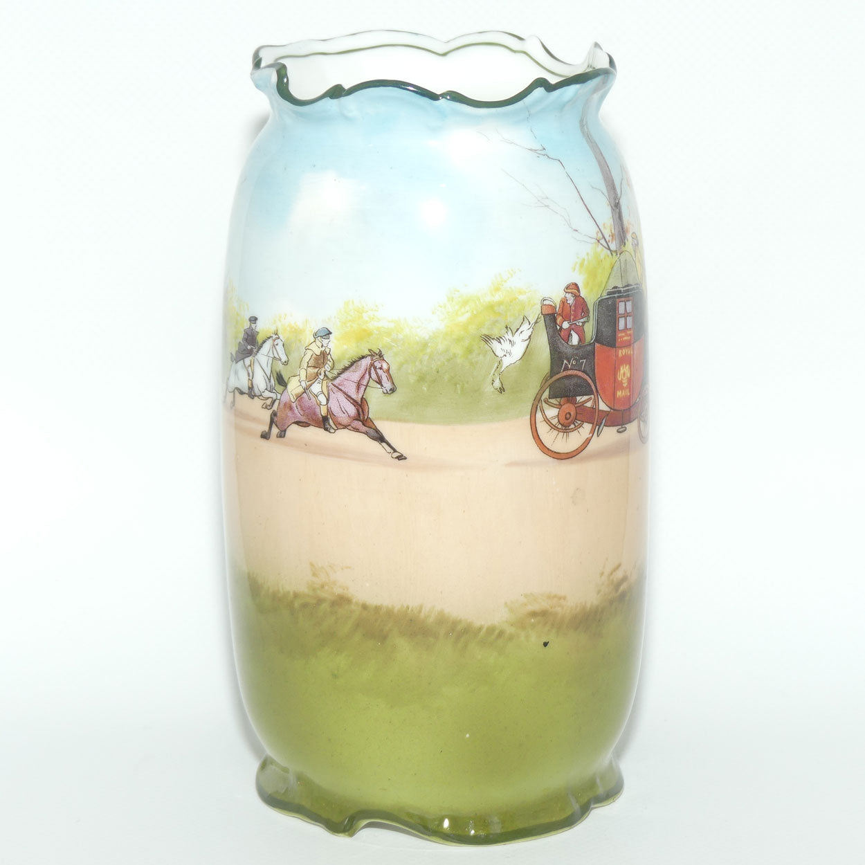 Royal Doulton Coaching Days bulbous vase with fancy rim E2768 | rare Blue Sky variation