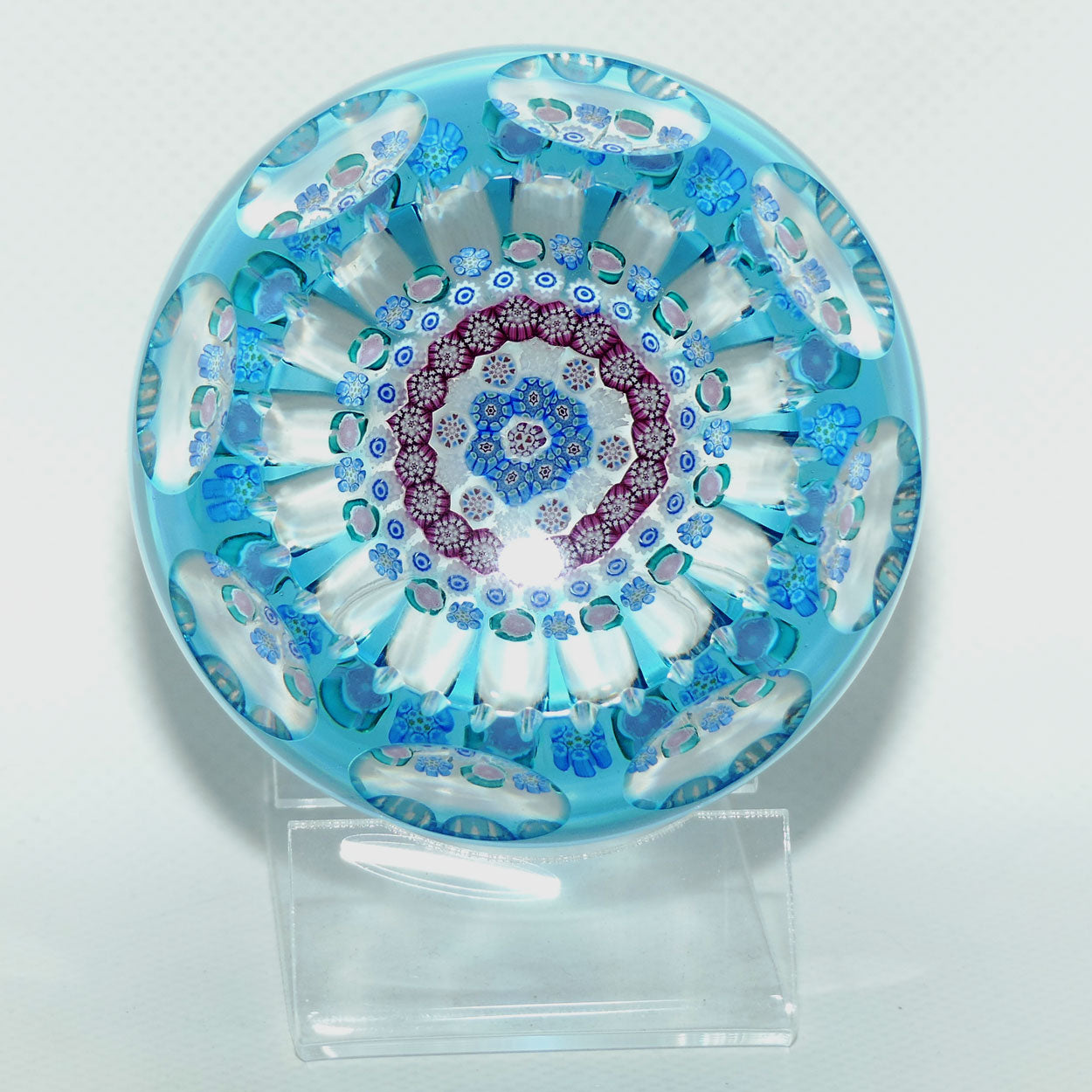 John Deacons Scotland Blue Flash Overlay Millefiori Concentric Magnum paperweight
