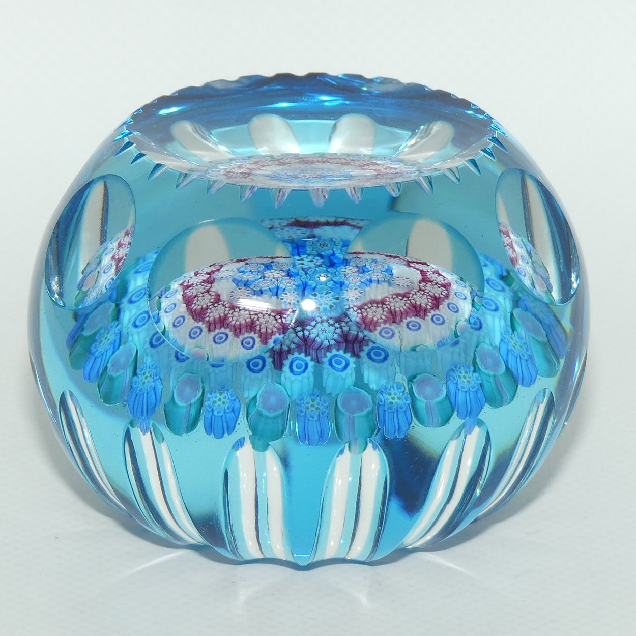 John Deacons Scotland Blue Flash Overlay Millefiori Concentric Magnum paperweight