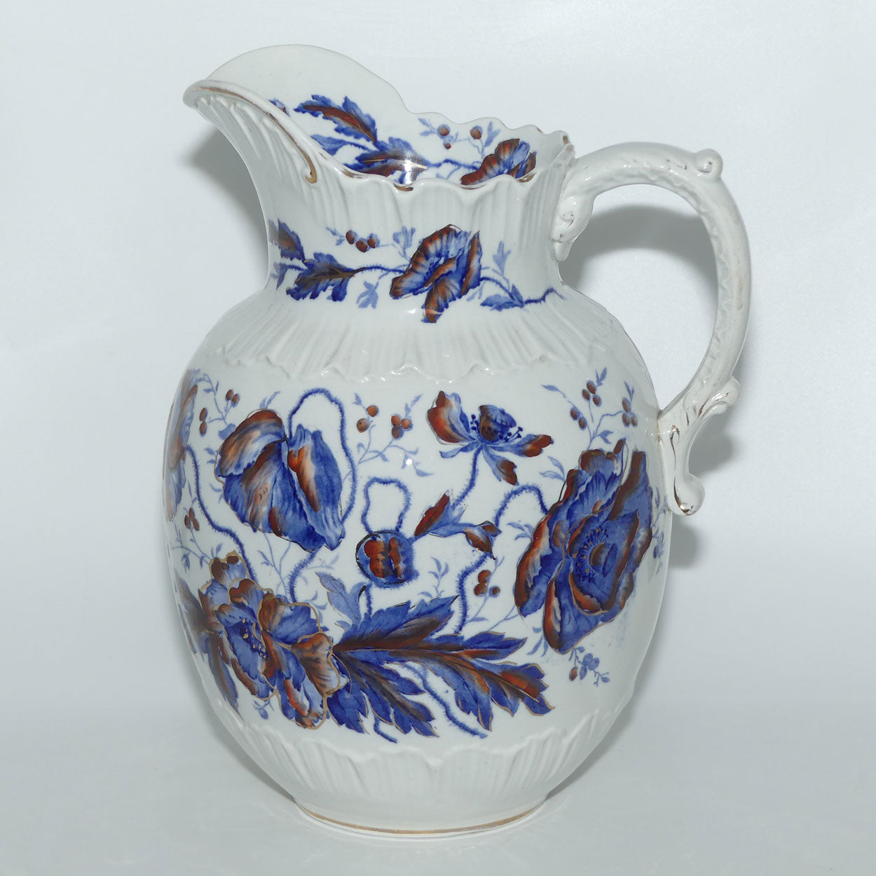 English Flow Blue | Iron Red floral decorated wash jug
