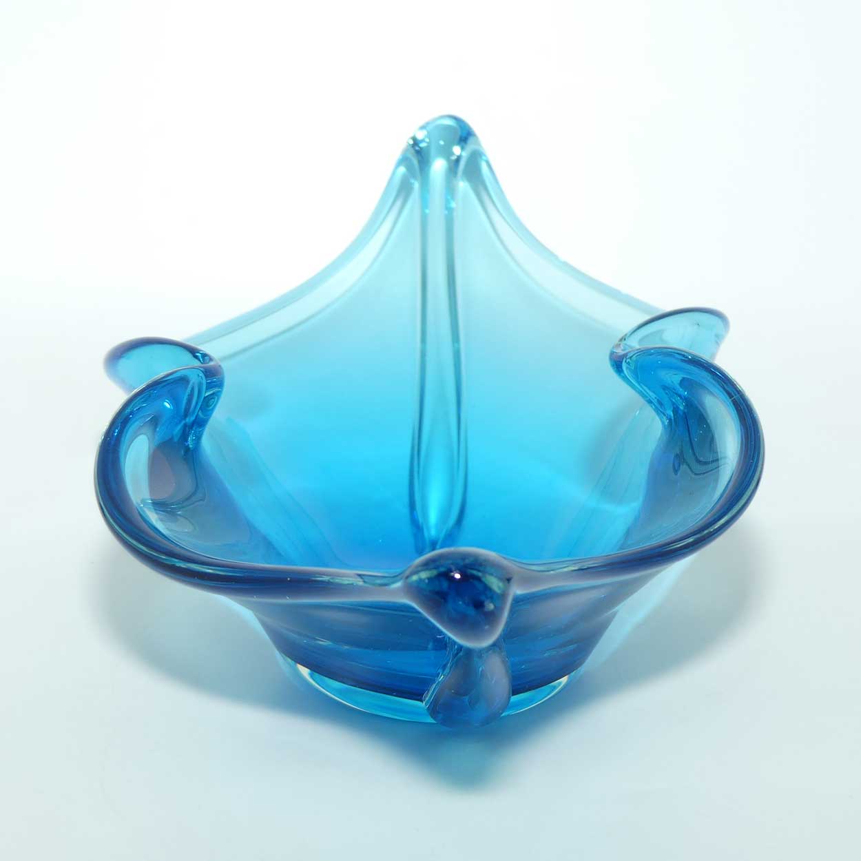 Iwatsu Glass Co Hineri Blue pinched side large centrepiece