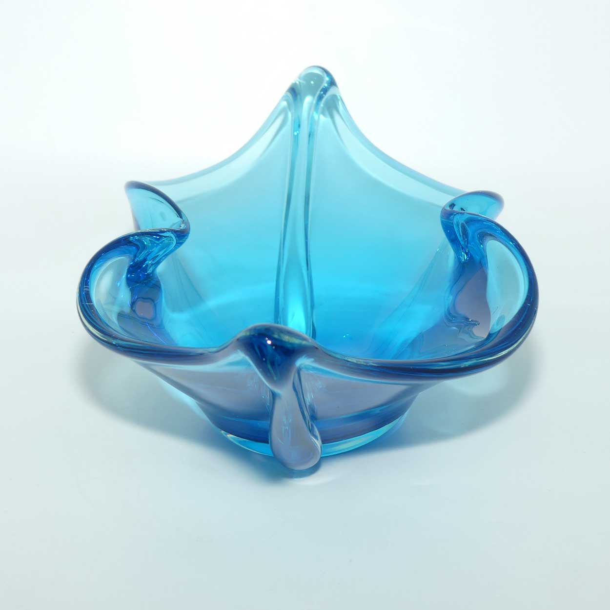 Iwatsu Glass Co Hineri Blue pinched side large centrepiece