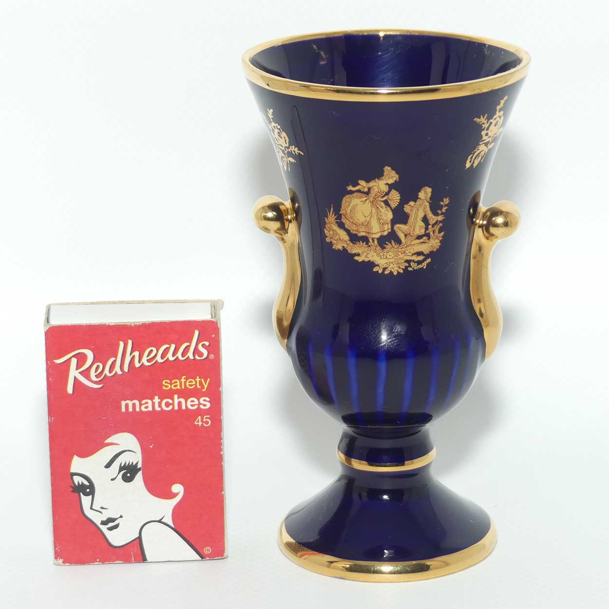 Porcelain Imperia Limoges France Blue and Gilt Flared rim footed base vase | Courting scene