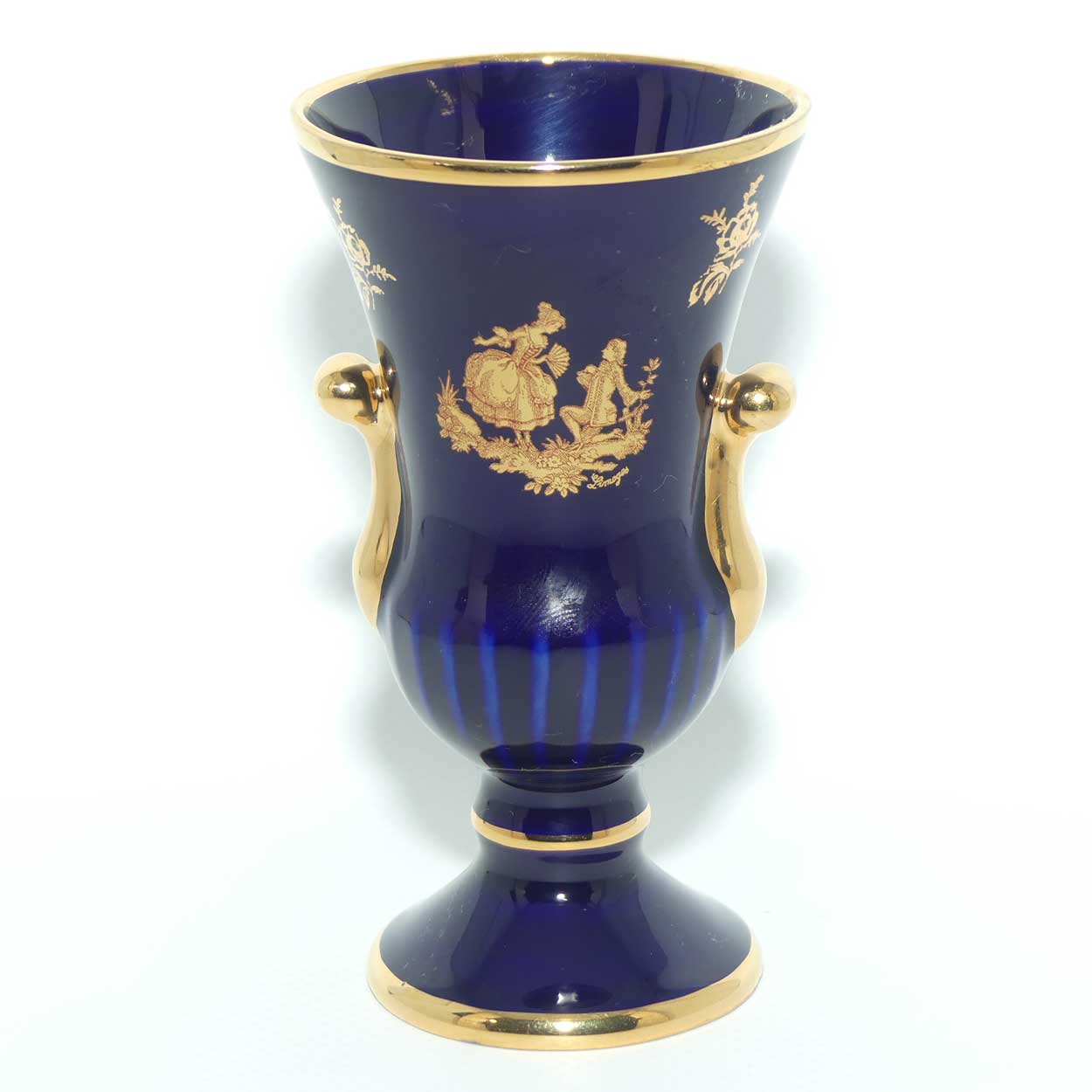 Porcelain Imperia Limoges France Blue and Gilt Flared rim footed base vase | Courting scene