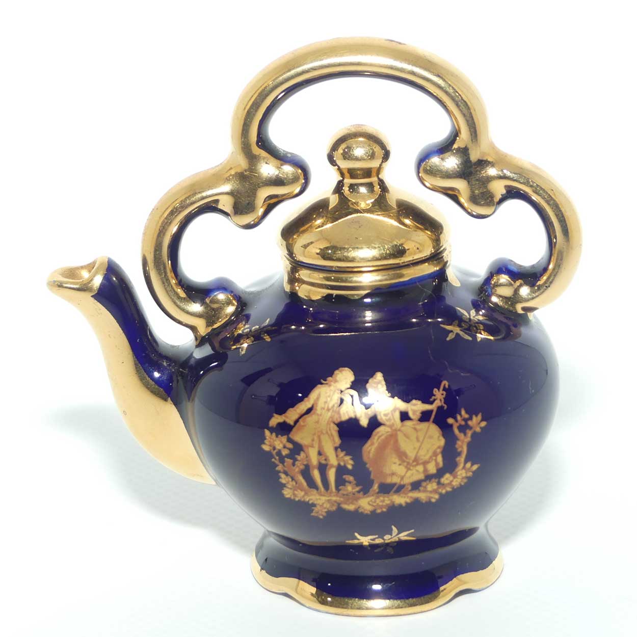 Limoges Veritable Porcelain d'Art France Blue and Gilt miniature tea kettle