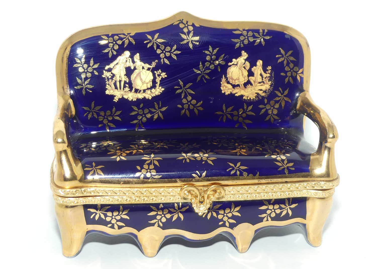 La Reine Limoges France Blue and Gilt settee shape trinket box