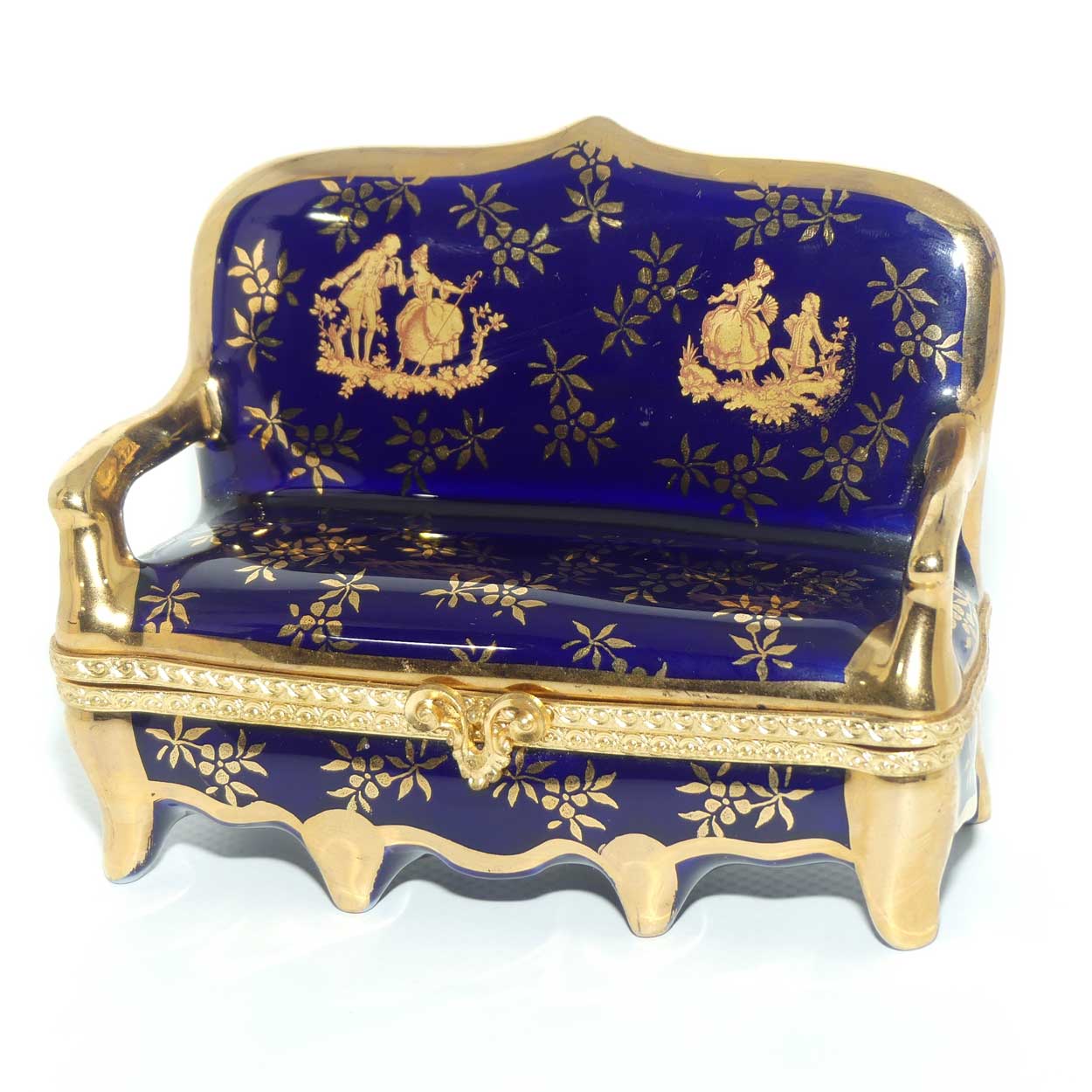 La Reine Limoges France Blue and Gilt settee shape trinket box