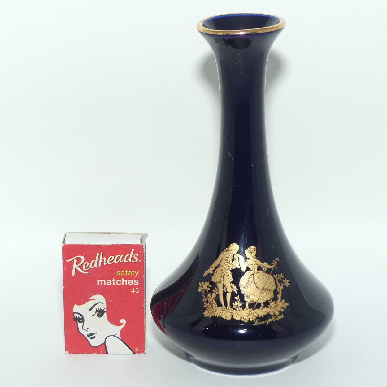 Limoges Castel France Blue and Gilt narrow neck vase | 15cm tall