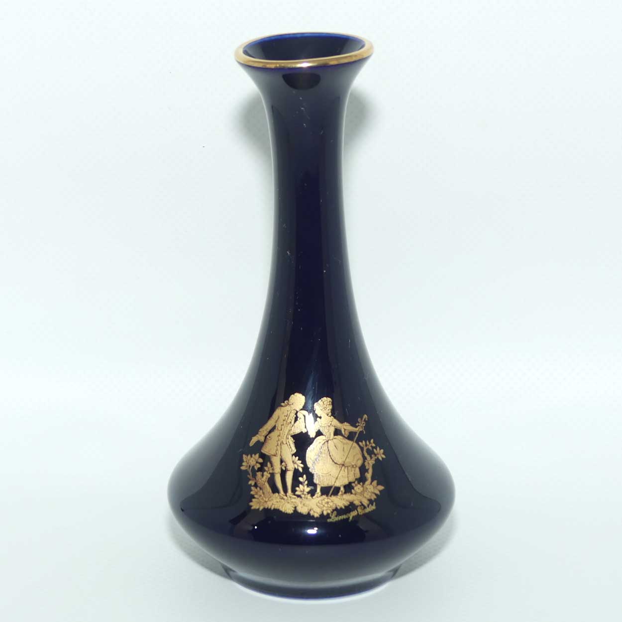 Limoges Castel France Blue and Gilt narrow neck vase | 15cm tall