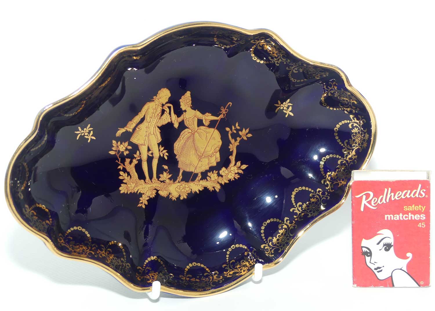 Limoges Veritable Porcelain France Blue and Gilt oval shape trinket bowl | 18cm wide