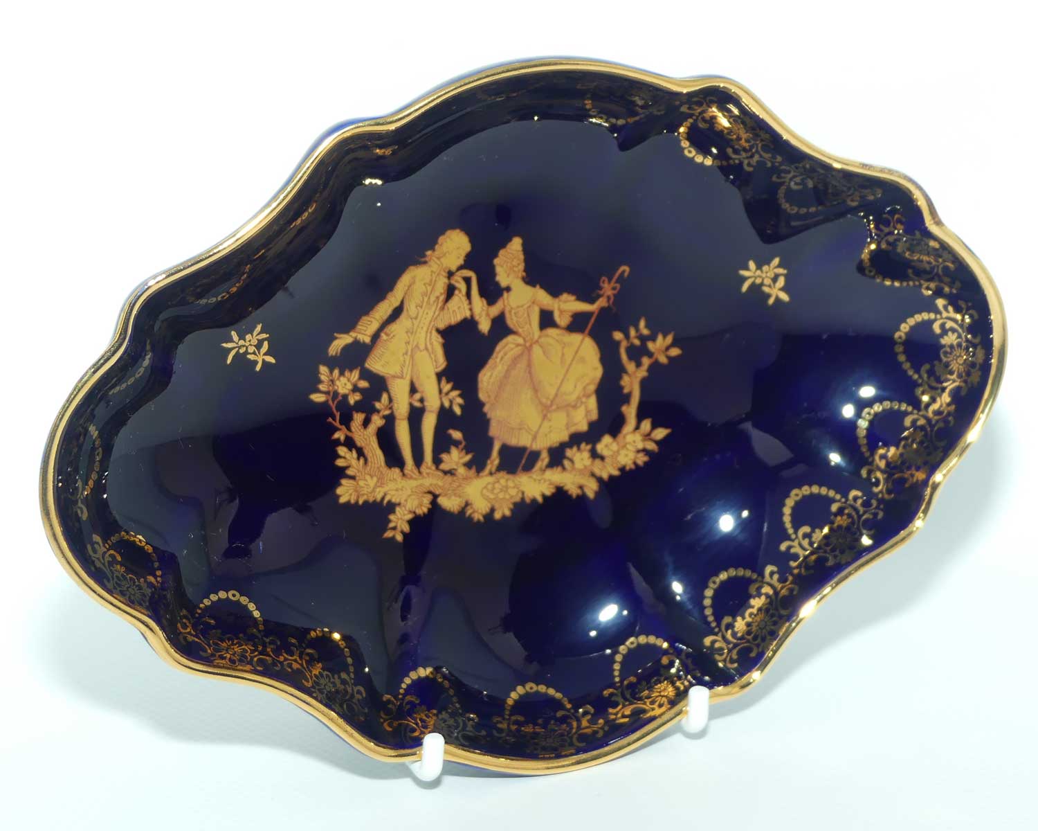 Limoges Veritable Porcelain France Blue and Gilt oval shape trinket bowl | 18cm wide