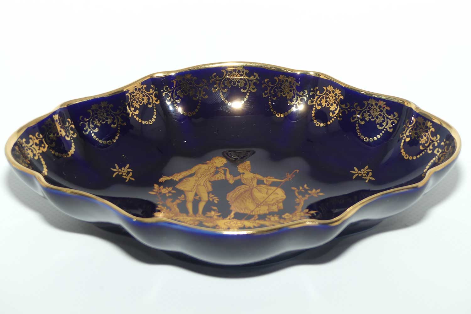 Limoges Veritable Porcelain France Blue and Gilt oval shape trinket bowl | 18cm wide