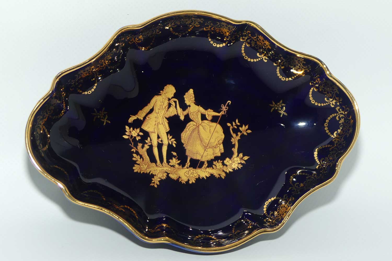 Limoges Veritable Porcelain France Blue and Gilt oval shape trinket bowl | 18cm wide