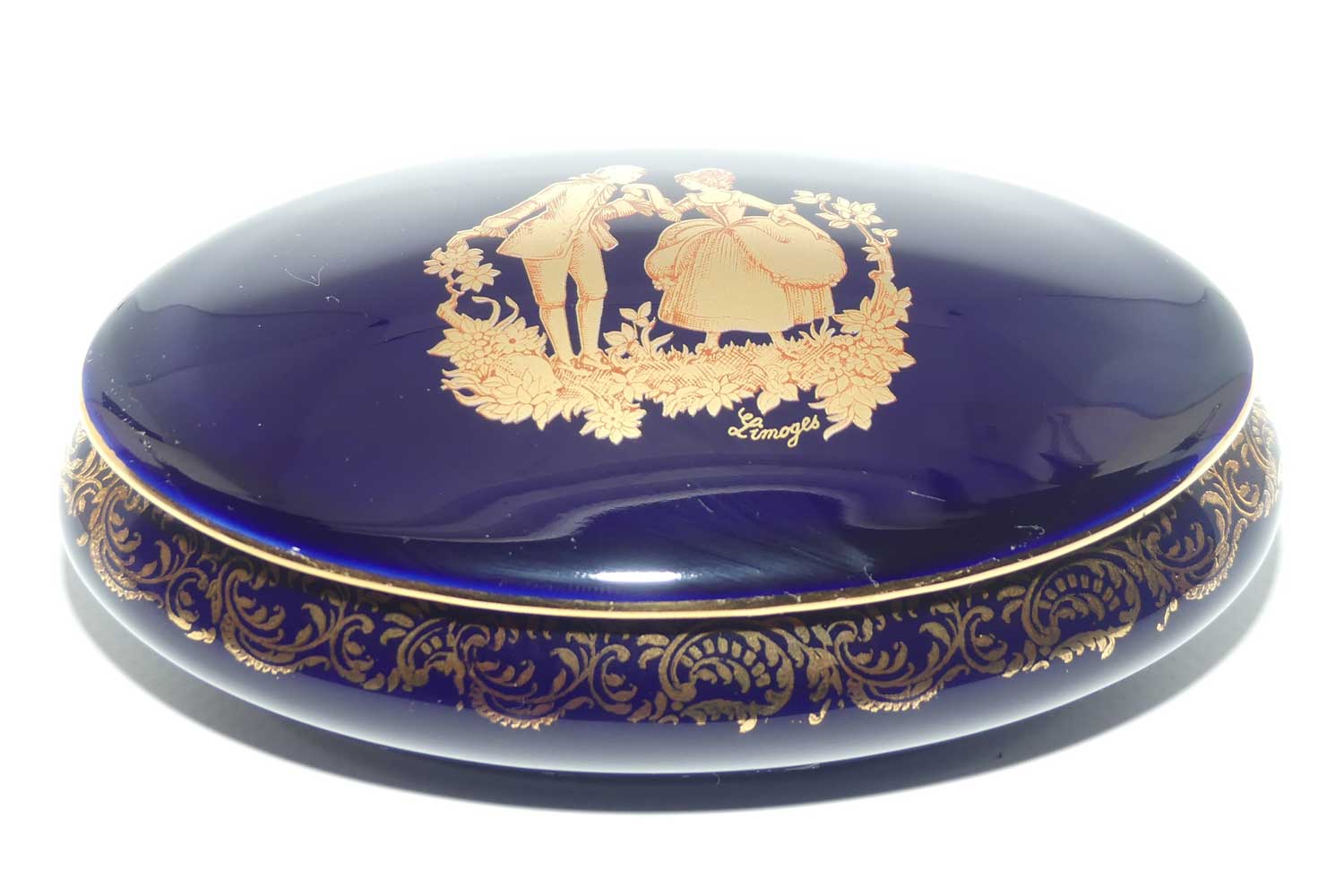 Limoges Castel France Blue and Gilt oval shape trinket box or powder bowl | 13cm wide