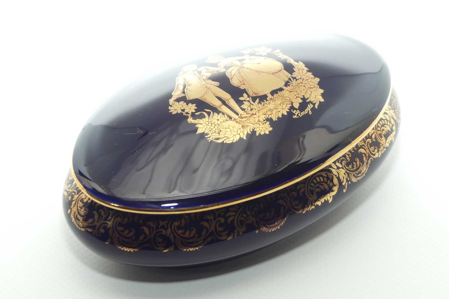 Limoges Castel France Blue and Gilt oval shape trinket box or powder bowl | 13cm wide