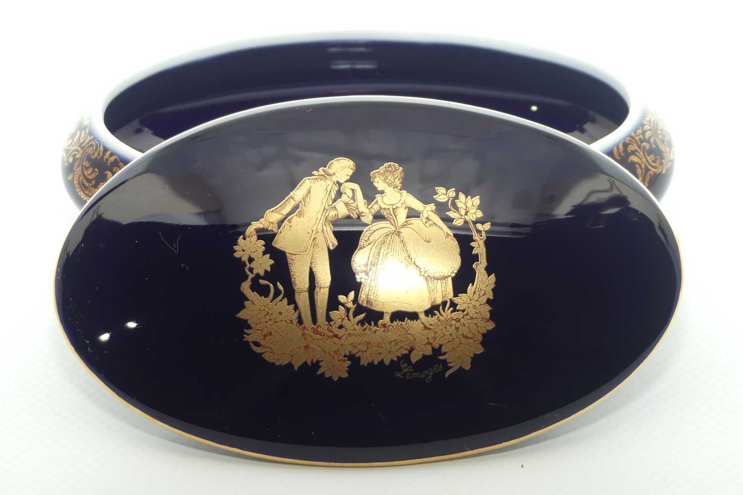 Limoges Castel France Blue and Gilt oval shape trinket box or powder bowl | 13cm wide