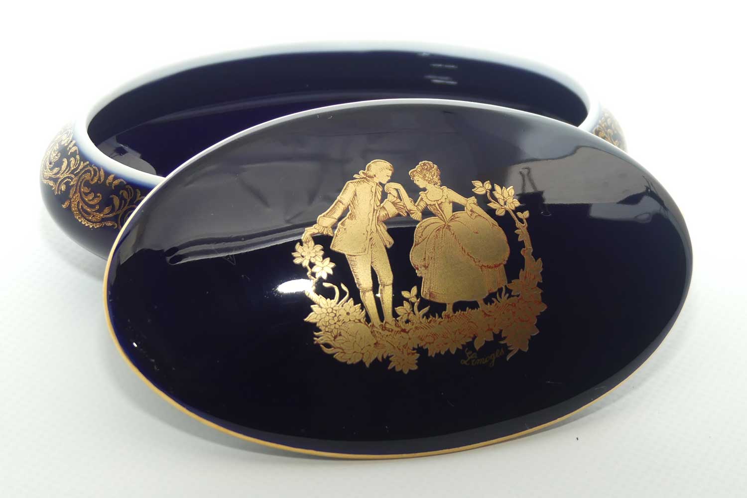 Limoges Castel France Blue and Gilt oval shape trinket box or powder bowl | 13cm wide