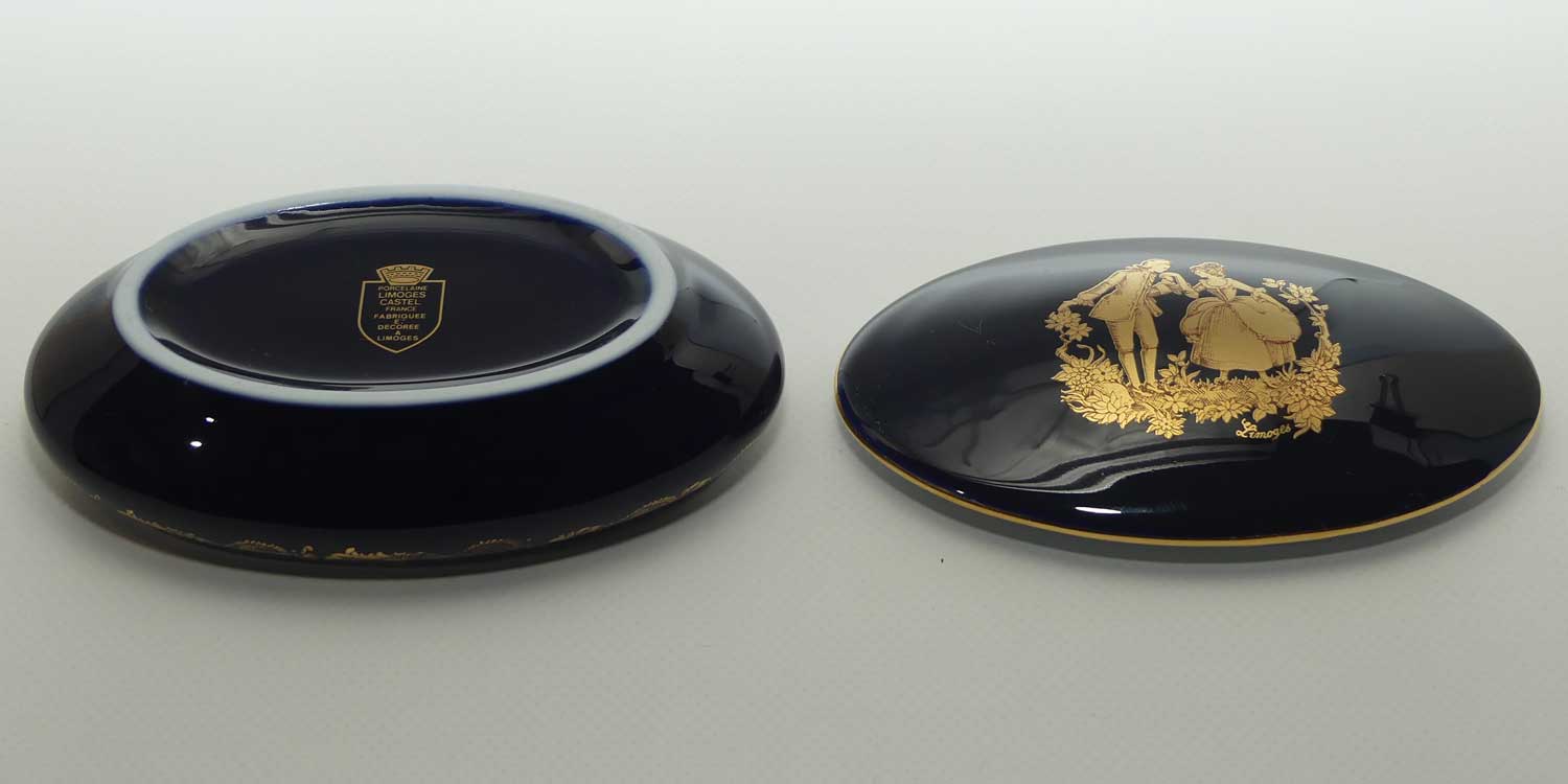 Limoges Castel France Blue and Gilt oval shape trinket box or powder bowl | 13cm wide