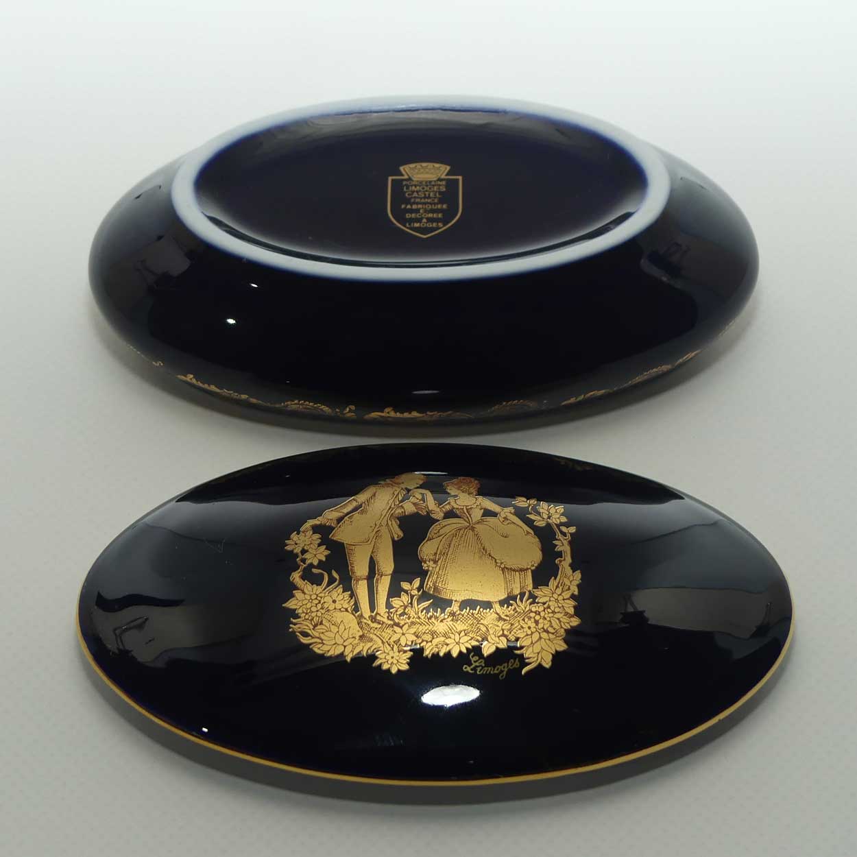 Limoges Castel France Blue and Gilt oval shape trinket box or powder bowl | 13cm wide