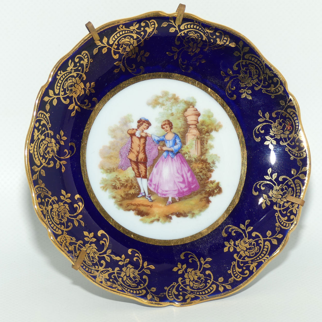 Limoges Porcelain France Blue and Gilt cabinet plate | Coloured Scene | 13cm wide