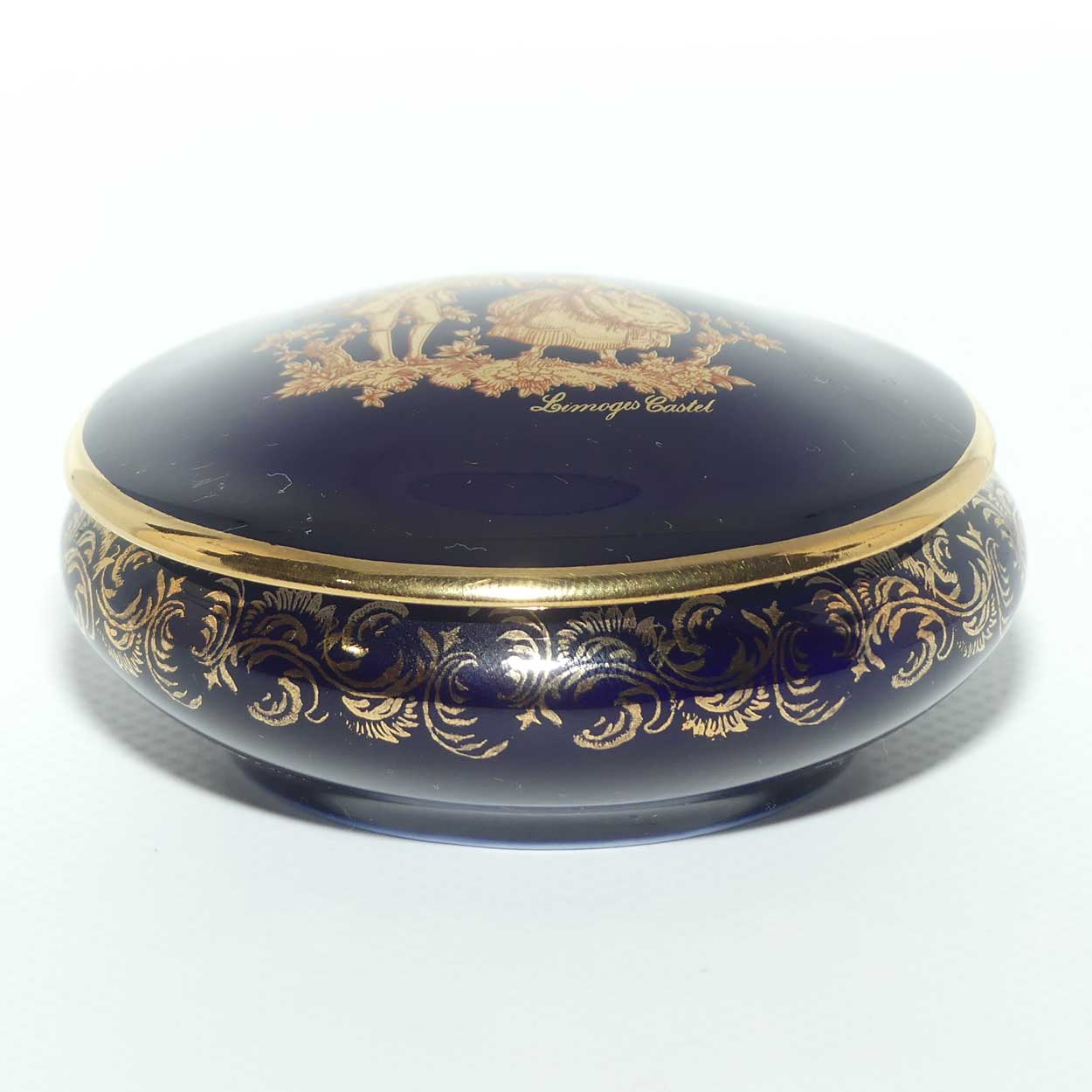 Limoges Castel France Blue and Gilt round shape trinket box | 8cm diam