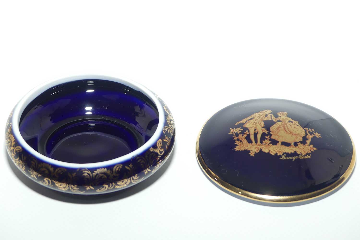 Limoges Castel France Blue and Gilt round shape trinket box | 8cm diam