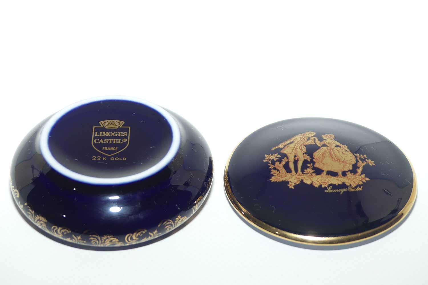Limoges Castel France Blue and Gilt round shape trinket box | 8cm diam