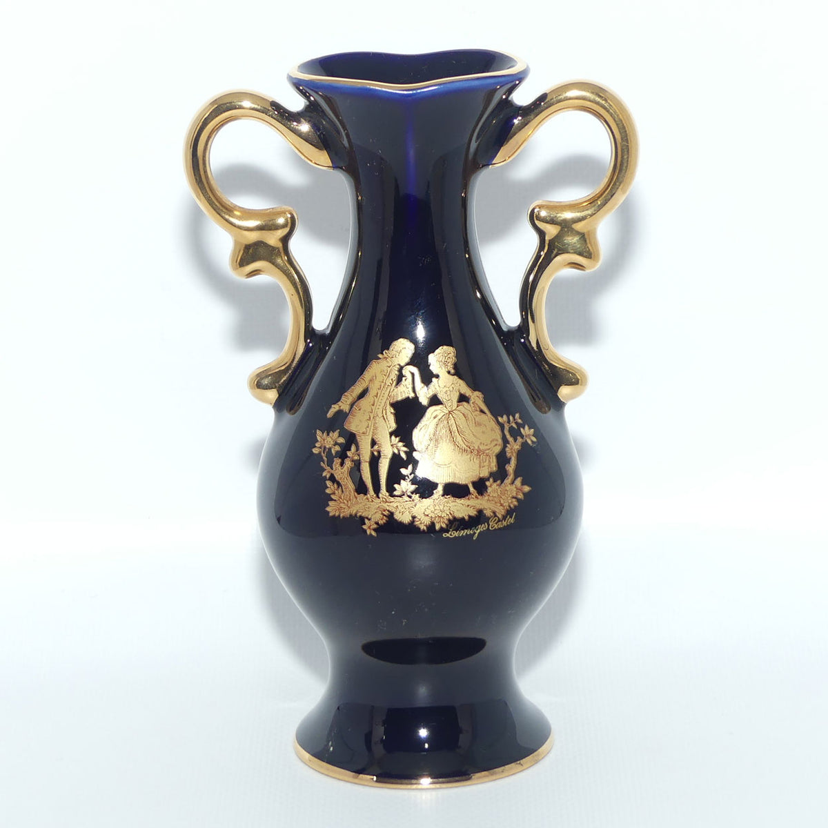 Limoges Castel France Gold on Blue twin handle vase