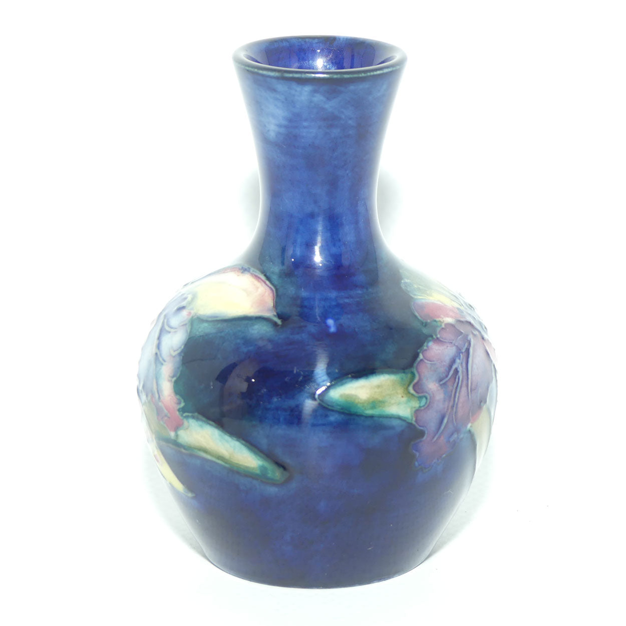 Walter Moorcroft Orchid on Blue Ground narrow neck miniature bud vase