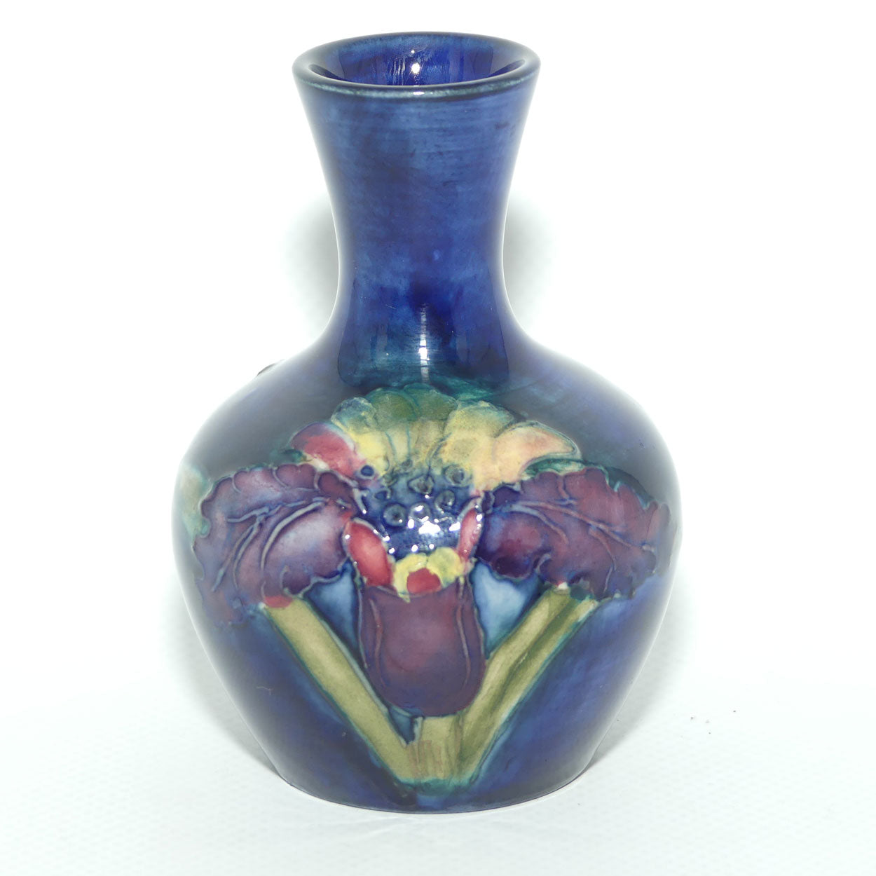 Walter Moorcroft Orchid on Blue Ground narrow neck miniature bud vase