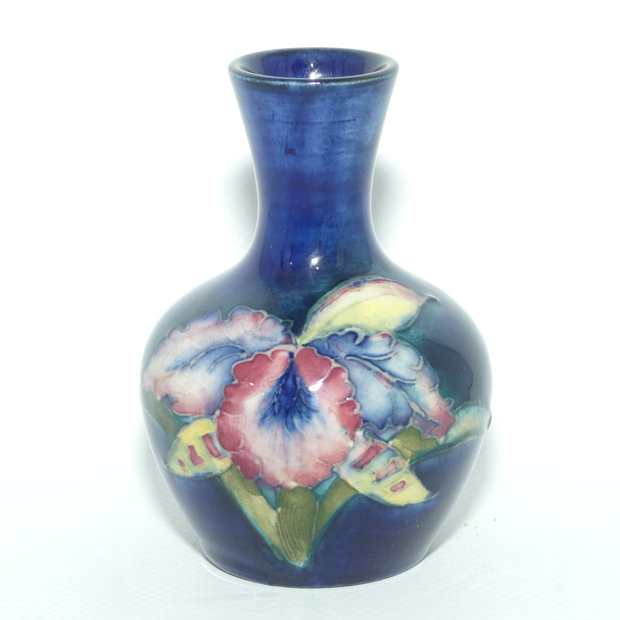 Walter Moorcroft Orchid on Blue Ground narrow neck miniature bud vase