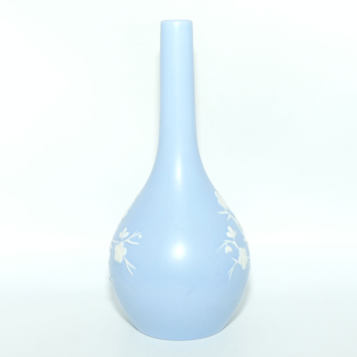 Copeland Spode England Pale Blue taper neck vase | Embossed Prunus design