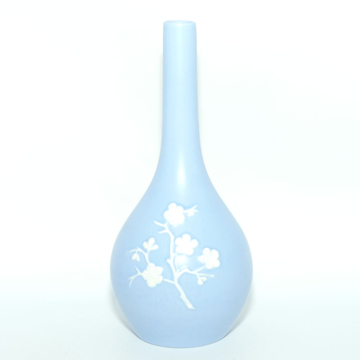 Copeland Spode England Pale Blue taper neck vase | Embossed Prunus design