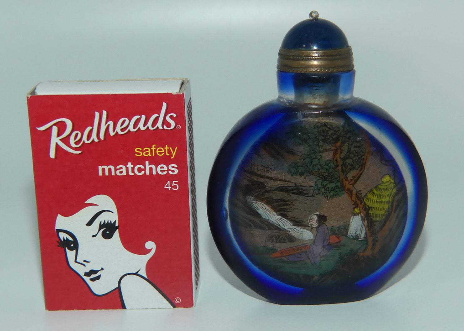 Chinese Cobalt Blue and Clear Reverse Painted double scene Snuff Bottle